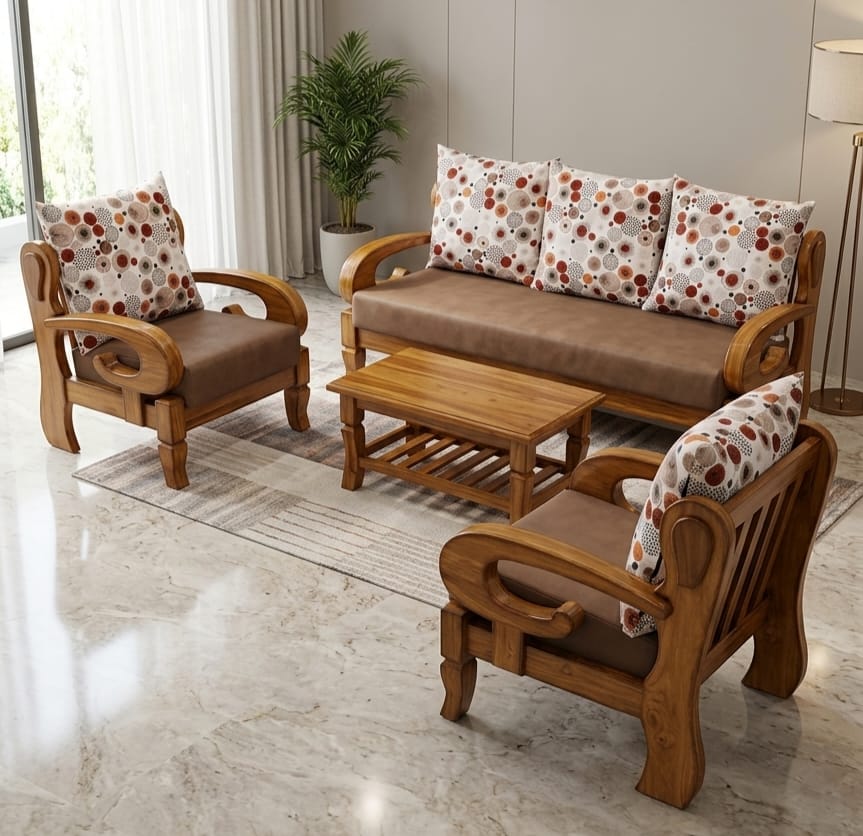 Floral Cushion Wooden Living Room Set