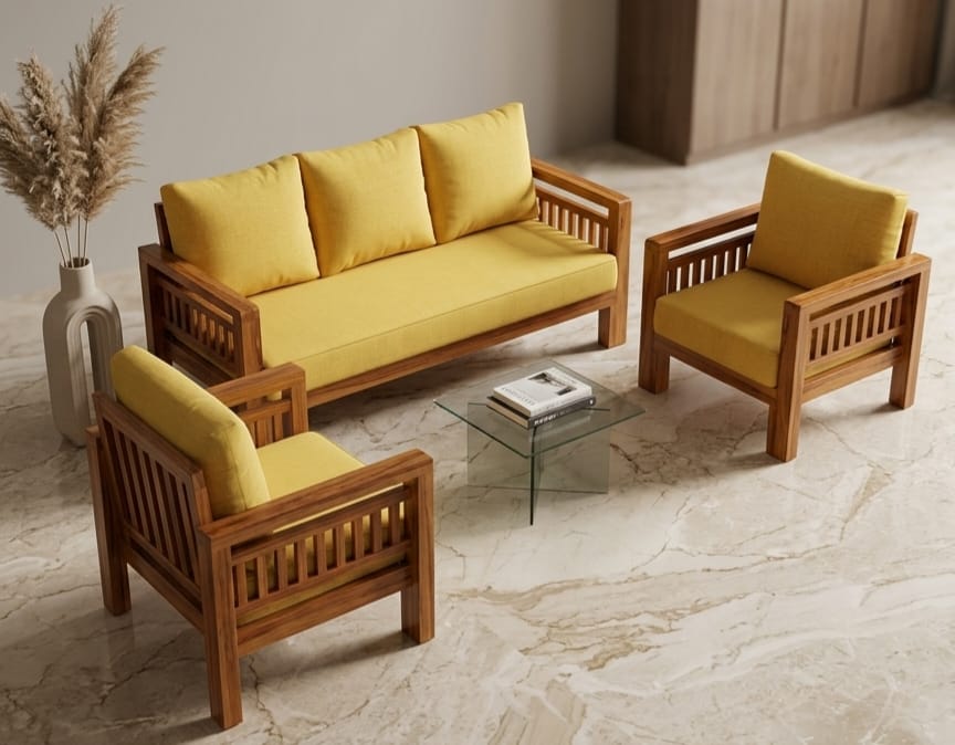 Yellow Wooden Frame Sofa Set